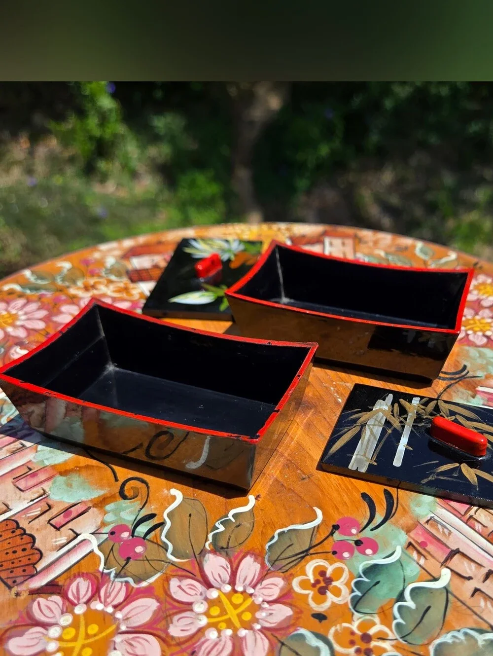 Vtg Japanese Lacquerware Box Set Urushi Maki-e Floral Bamboo Black Red Hand Pain